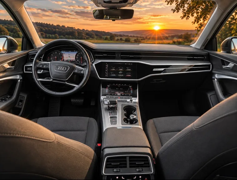 Interiér Audi A7, volant a středový displej, za oknem západ slunce