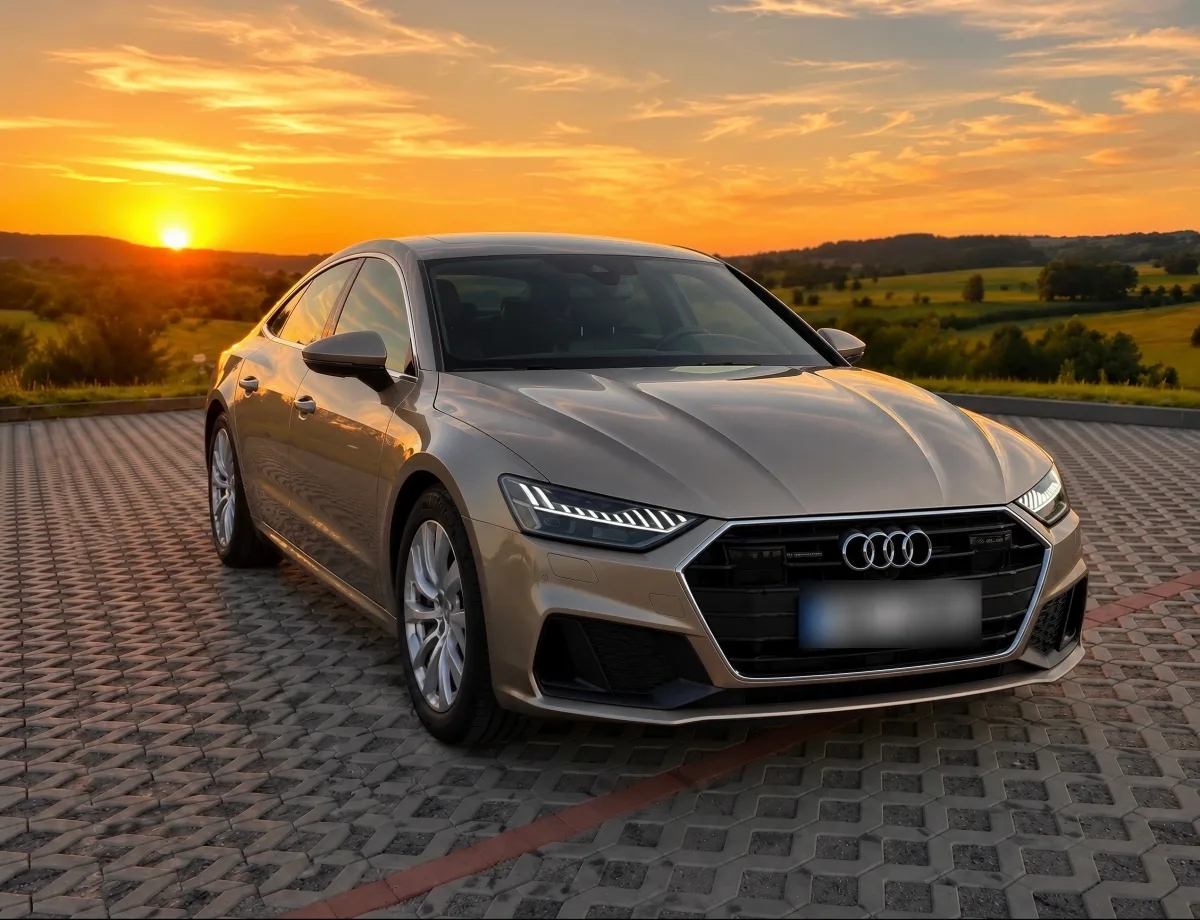 Audi A7 Sportback zepředu na dlážděném parkovišti při západu slunce