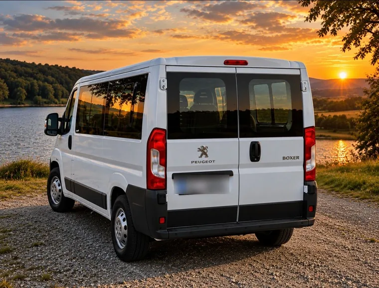 Peugeot Boxer zezadu u jezera při západu slunce